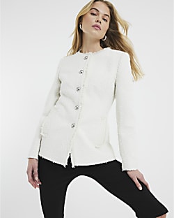 Cream Collarless Boucle Jacket