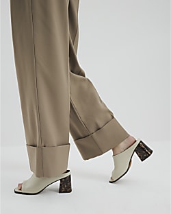 Cream Block Heeled Mule Sandals