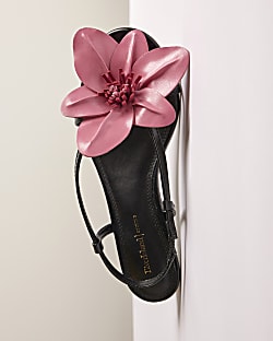 Black Kitten Heeled Flower Sandals