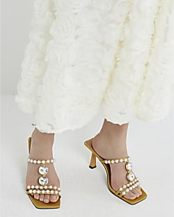 Yellow Pearl Diamante Heeled Sandals