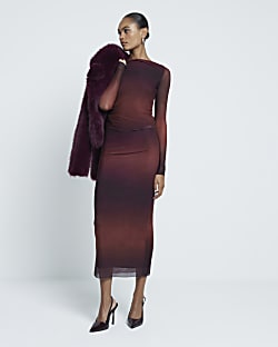 Red Mesh Ombre Print Midi Skirt River Island