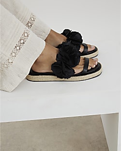 Black Flower Flatform Sandals