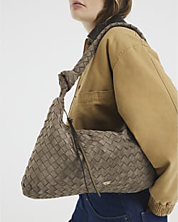 Khaki Knot Handle Woven Slouch Bag