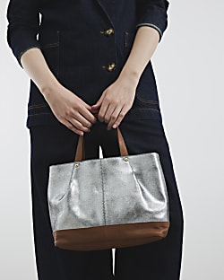 Silver Metallic Leather Shopper Bag