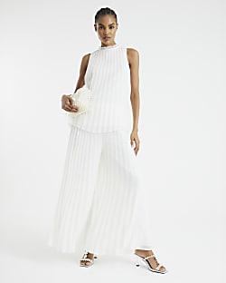 Cream Wide Leg Plisse Trousers