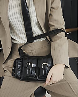 Black Buckle Pocket Utility Shoulder Bag