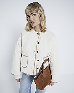 Cream Check Trim Quilted Jacket River Island
