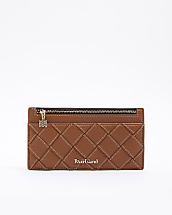 Brown Faux Leather Woven Zipped Pouch