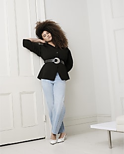 Blue Denim Seamed Barrel Jeans