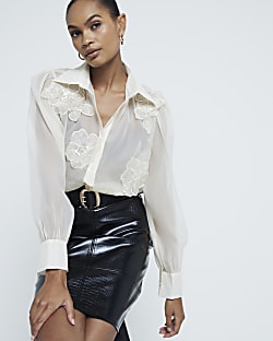 Cream Floral Applique Long Sleeve Sheer Shirt
