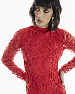 Red Embroidered Cut Out Mini Dress