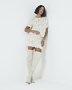 Cream Feather Sequin Mini Skirt
