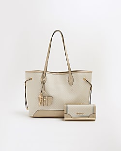 Beige Monogram Side Tie Shopper Bag Bundle