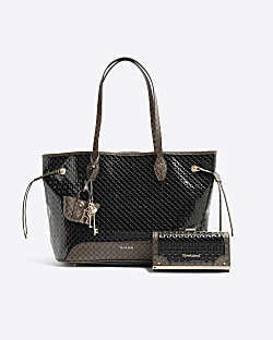 Black Monogram Side Tie Shopper Bag Bundle