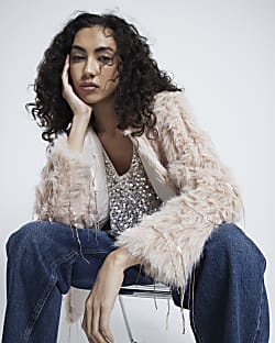 Beige Faux Fur Sequin Fringe Jacket
