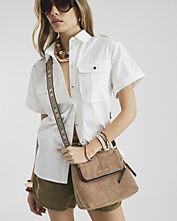 Beige Faux Suede Zipped Messenger Bag