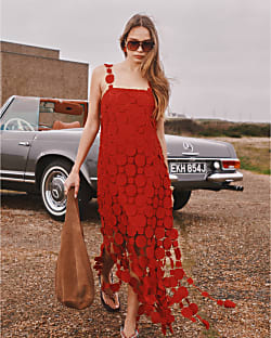 Red Crochet Fringed Occasion Midi Dress