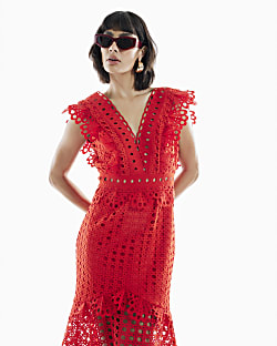 Red Broderie Midi Dress