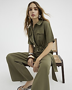 Khaki Belted Utility Jumpsuit
