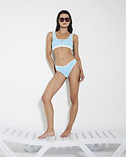 Blue Textured High Leg Bikini Bottoms