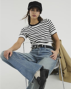 Black Striped Short Sleeve Button Knit Top