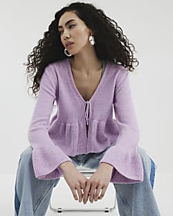 Purple Long Sleeve Tie Frill Cardigan