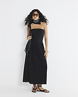 Black Pleated Bandeau Midi Dress