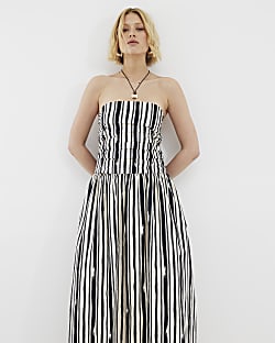 Beige Stripe Pleated Bandeau Midi Dress