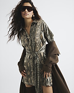 Brown Satin Snake Tie Front Mini Shirt Dress