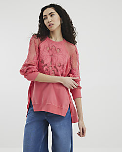 Pink Long Sleeve Cutwork Floral Sweatshirt