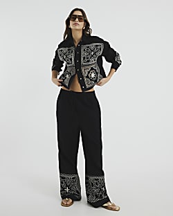 Black Linen Blend Broderie Trousers