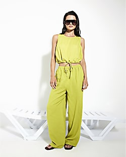 Lime Linen Blend Wide Leg Trousers