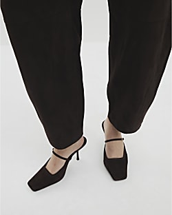 Brown Faux Suede Buckle Strap Heeled Mules