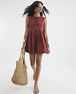 Brown Sleeveless Pleated Swing Mini Dress