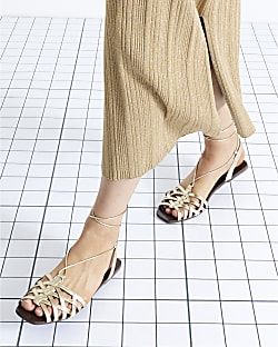 Gold Leather Caged Tie Up Flat Sandals