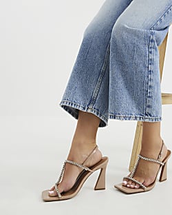 Pink Diamante T Bar Heeled Sandals