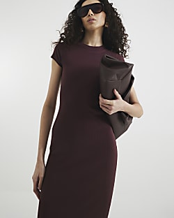 Purple Cap Sleeve Ribbed Midi Dress