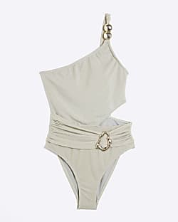 Cream Glitter One Shoulder Swimsuit