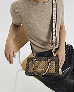 Brown Faux Leather Top Handle Cross Body Bag