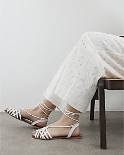 White Leather Caged Tie Up Flat Sandals