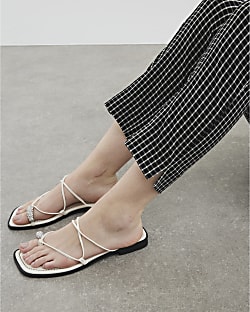 White Diamante Toe Loop Flat Sandals