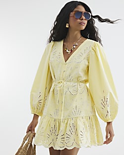 Yellow Long Sleeve Poplin Shirt Dress