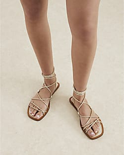 Gold Leather Plaited Tie Up Gladiator Sandals