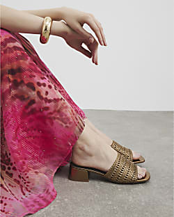 Bronze Woven Block Heel Mule Sandals
