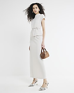 Cream Ribbed Midi Skirt