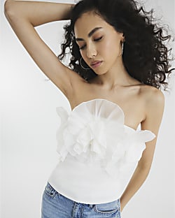 Cream Mesh Floral Bandeau Top