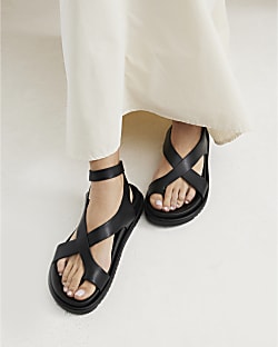 Black Cross Over Footbed Sandals
