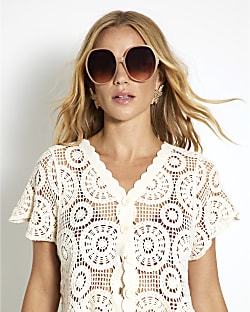 Beige Round 60s Glam Sunglasses