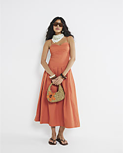 Orange Sleeveless Strappy Corset Midi Dress