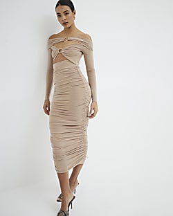 Beige Long Sleeve Ring Bardot Midi Dress